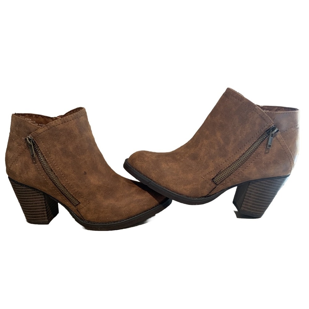 Rampage Erica Ankle Boots Women 6.5 Brown Faux Leather Block Heel Zip Booties